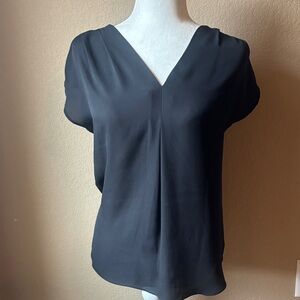 INC International Concepts Black V-Neck Inverted Pleat Blouse, Size Small Petite